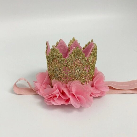 Baby First Birthday Hat Crown Gold Pink Roses w Elastic Small Photo Shoot Party - Picture 2 of 11